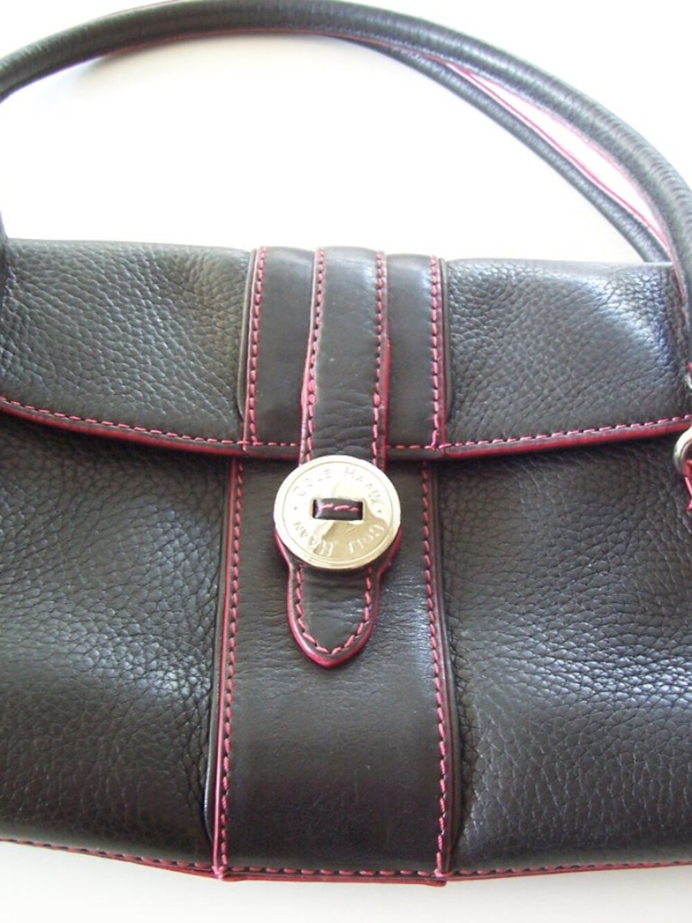 Cole Haan Black Pebbled Leather Should Bag with Hot Pink Trim